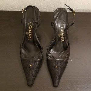 Chanel Slingback Black Heels Sandals 39 EUC